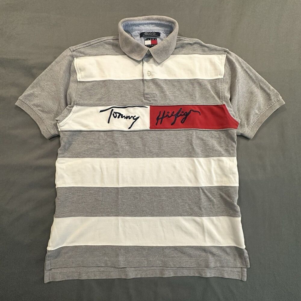 Vintage Tommy Hilfiger Polo Striped Spell Out Rugby Mens L Y2K 90s Preppy Gray